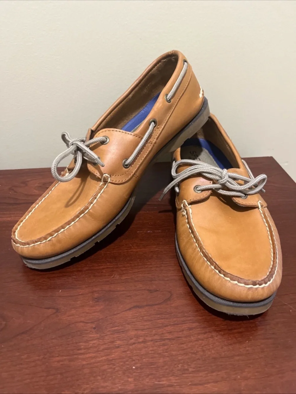 Sperry Tan Leather 2-Eye Boat Shoes with Gray Laces